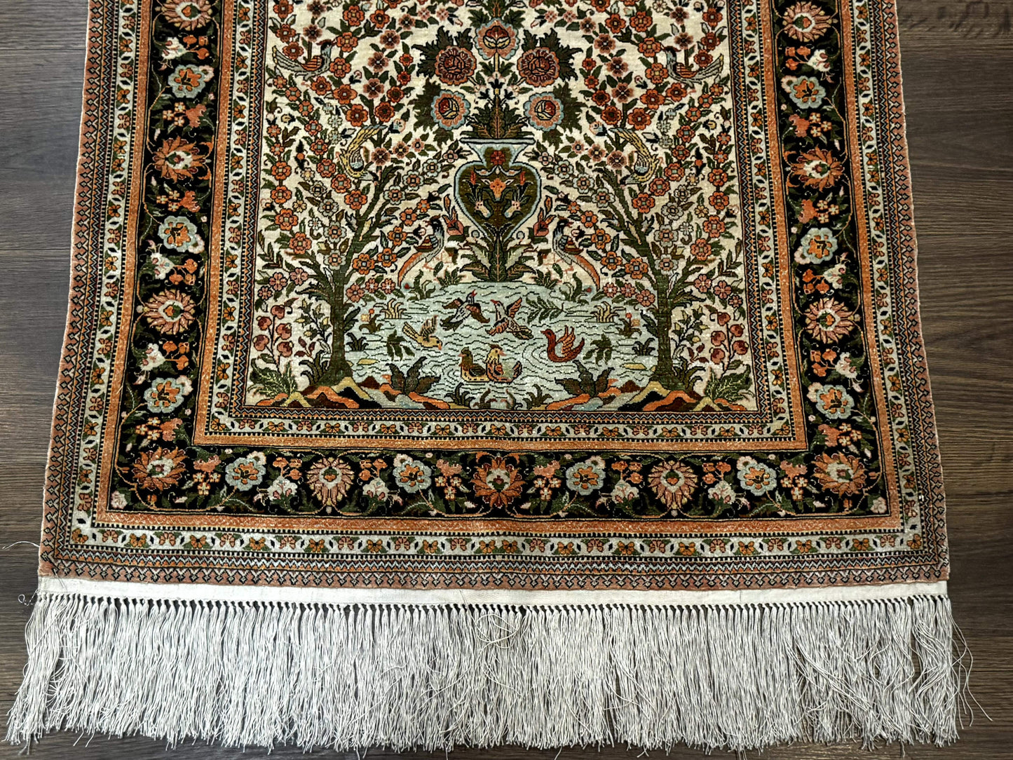Exceptional Silk Rug 2.6 x 4, Very Fine 630 KPSI, Persian Vase Tree of Life Bird Pictorials, Handmade