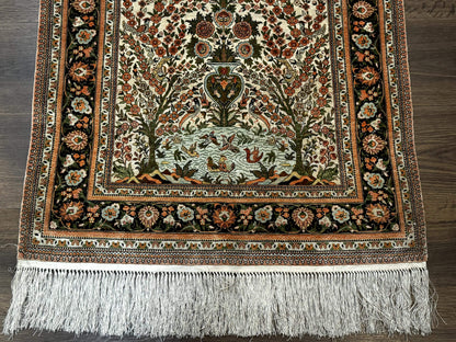 Exceptional Silk Rug 2.6 x 4, Very Fine 630 KPSI, Persian Vase Tree of Life Bird Pictorials, Handmade