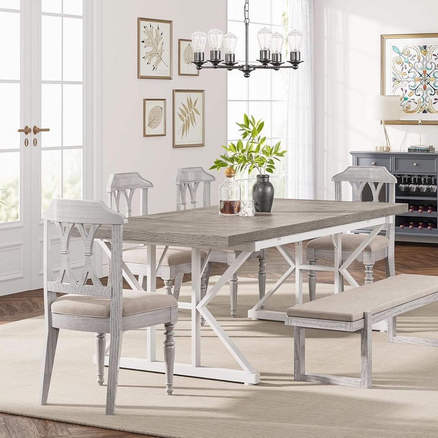 Farmhouse 6 Person Dining Table 70.8 Inch Grey Wood Table