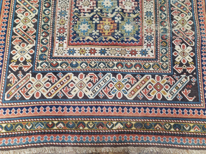 Caucasian Rug 3'9" x 5'7", Antique 1920s Collectible Caucasian Chi Chi Carpet, Hand Knotted, Colorful, Dark Blue Cream Red, Wool, Small Rug