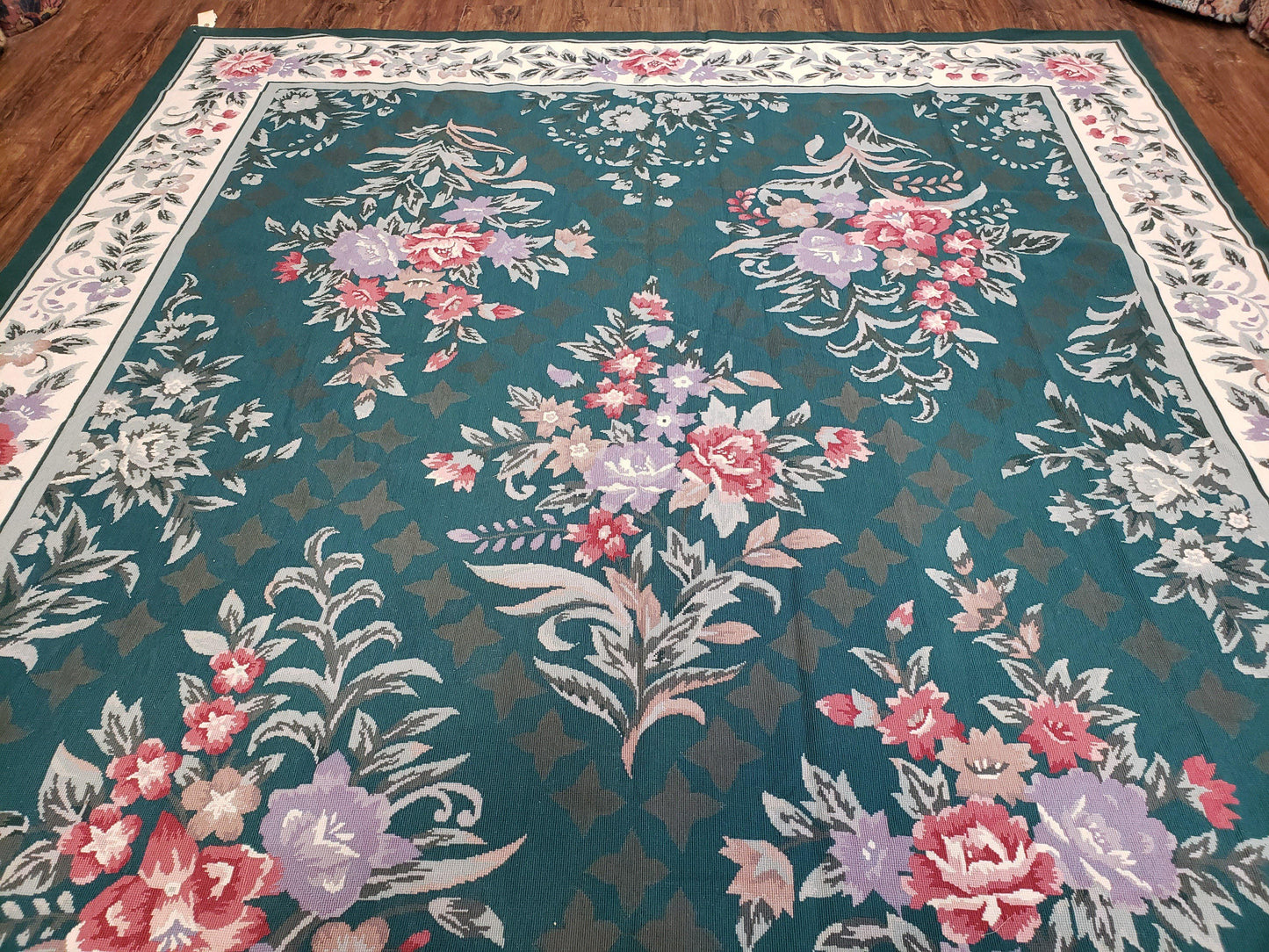 Chinese Needlepoint Rug 8x10, Vintage Green Area Rug, Hand-Woven Flatweave Floral European Design Carpet Wool Handmade 8x 10 Living Room Rug