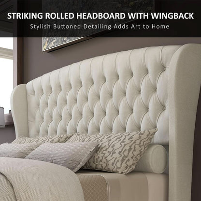 Queen Size Chenille Upholstered Sleigh Platform Bed with Button Tufted Headboard