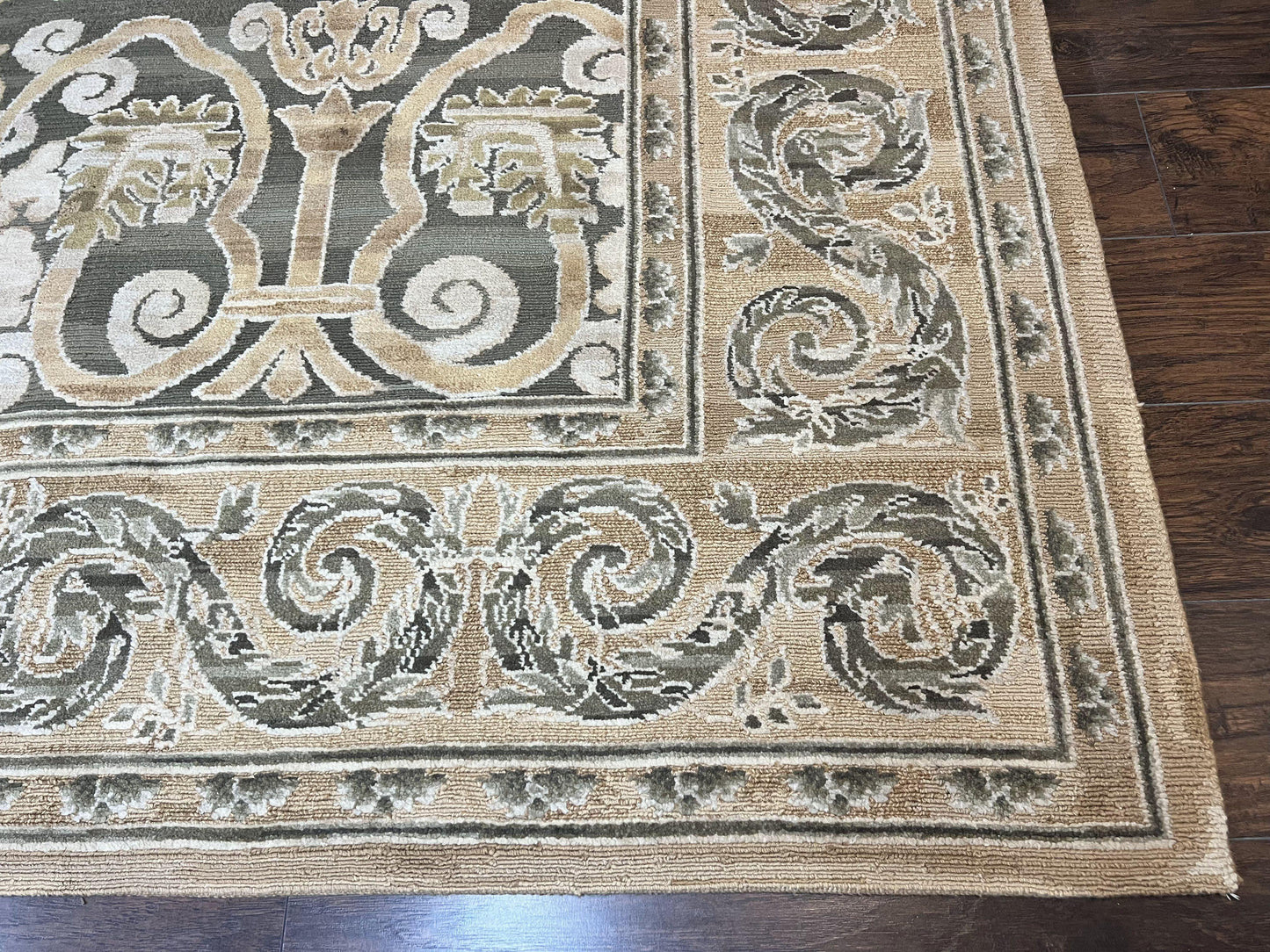 Spanish Rug 11x14, Wool Hand Knotted Vintage Carpet, Olive Green and Beige, Floral Allover, European Design, 11 x 14 Rug