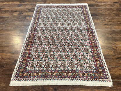 Persian Rug 4x6, Mashad Kashmar Rug, Boteh Paisley Design, Allover Repeated Pattern, Ivory Hand Knotted Vintage Semi Antique Persian Oriental Carpet