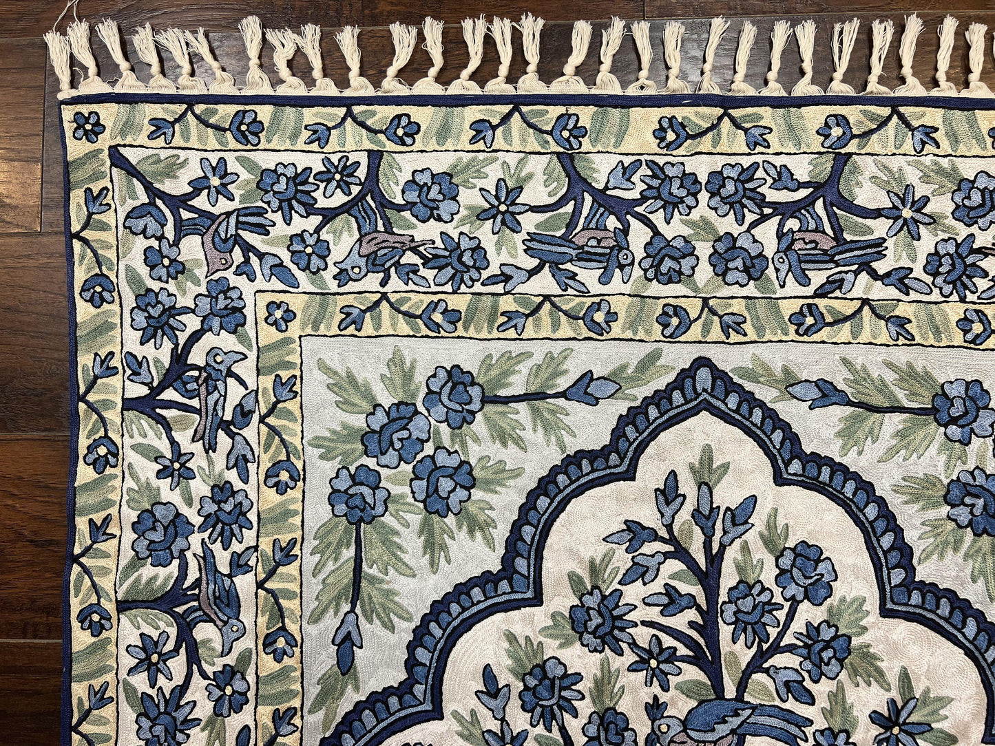 Tree of Life Indian Hand Stitched Rug 4x6, Indian Wall Hanging Rug, Ivory Blue, Silk on Cotton, Vintage