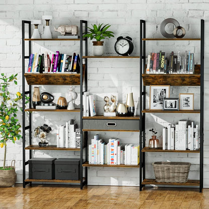 Triple Wide Five Tier Bookshelf Rustic Brown Finish