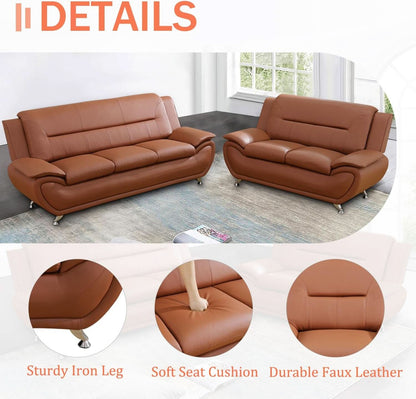 Faux Leather Two Piece Sofa Set In Orange With Wood Frame