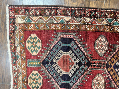 Persian Heriz Runner Rug 3.8 x 8.6, Geometric Design, Large Triple Medallions, Hand Knotted Handmade Vintage Wool Hallway Rug, Red