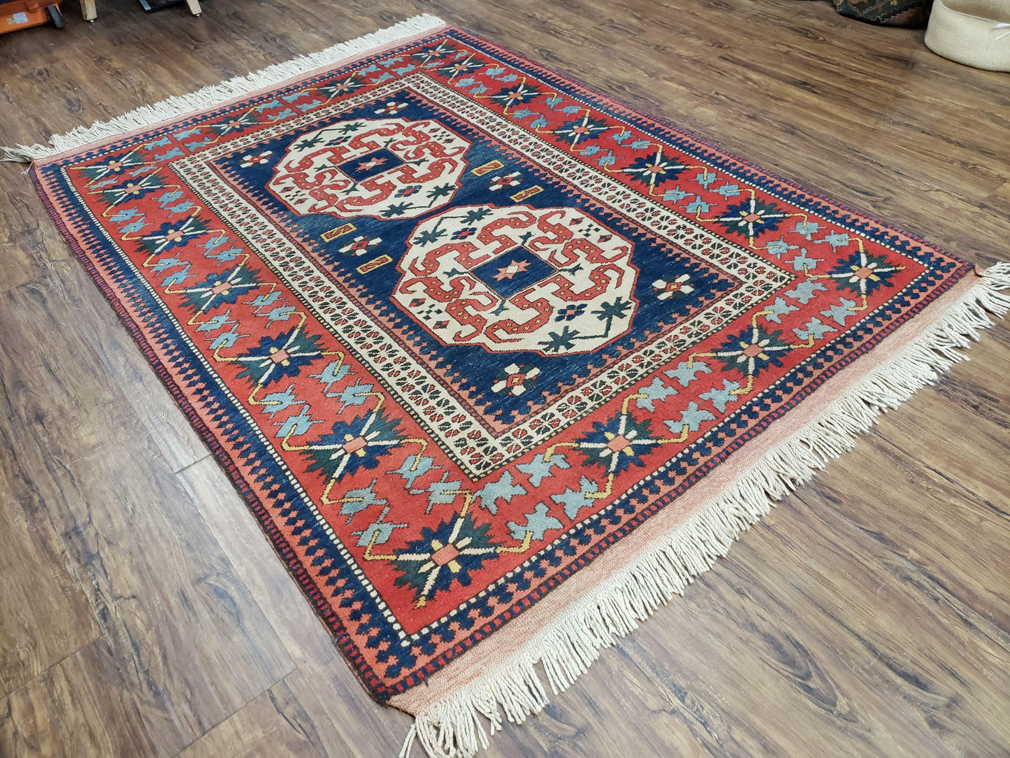 Turkish Kazak Rug 5x6 Vintage Handmade Wool Carpet Geometric Blue Red