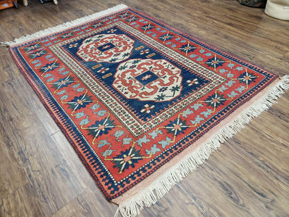 Turkish Kazak Rug 5x6 Vintage Handmade Wool Carpet Geometric Blue Red