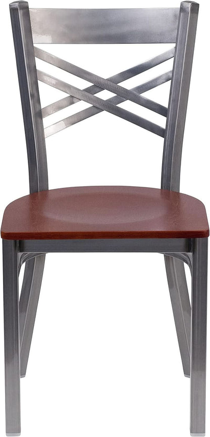 2 Pack Hercules Series X Back Metal Dining Chairs With Cherry Wood Seat For Restaurant Or Home Dining