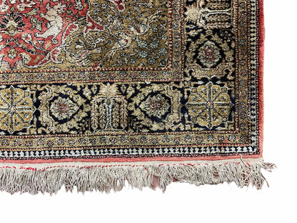 Persian Qum Silk Rug 3.8 x 5.6, Silk on Silk, Animal Pictorials, Fine 330 KPSI