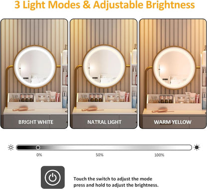 White Round LED Makeup Vanity Mirror With Charging Station 31.5 Inch