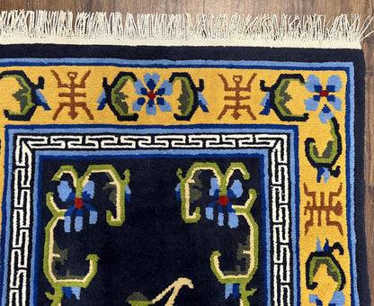 Chinese Art Deco Rug 3 x 5.9, Handmade Chinese Peking Carpet, Dark Blue and Gold, Medallion, Asian Oriental 3x6 Hand Knotted Vintage Rug