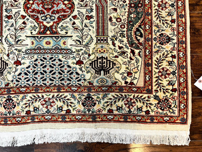 Pak Perisan Prayer Rug 4x6, Tree of LIfe Carpet, Handmade Vintage Wool Rug, Beige, Floral Vases