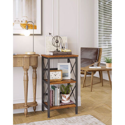 3 Tier Bookcase Industrial Metal Bookshelf With Side Fence in Rustic Brown Living Room Storage Display