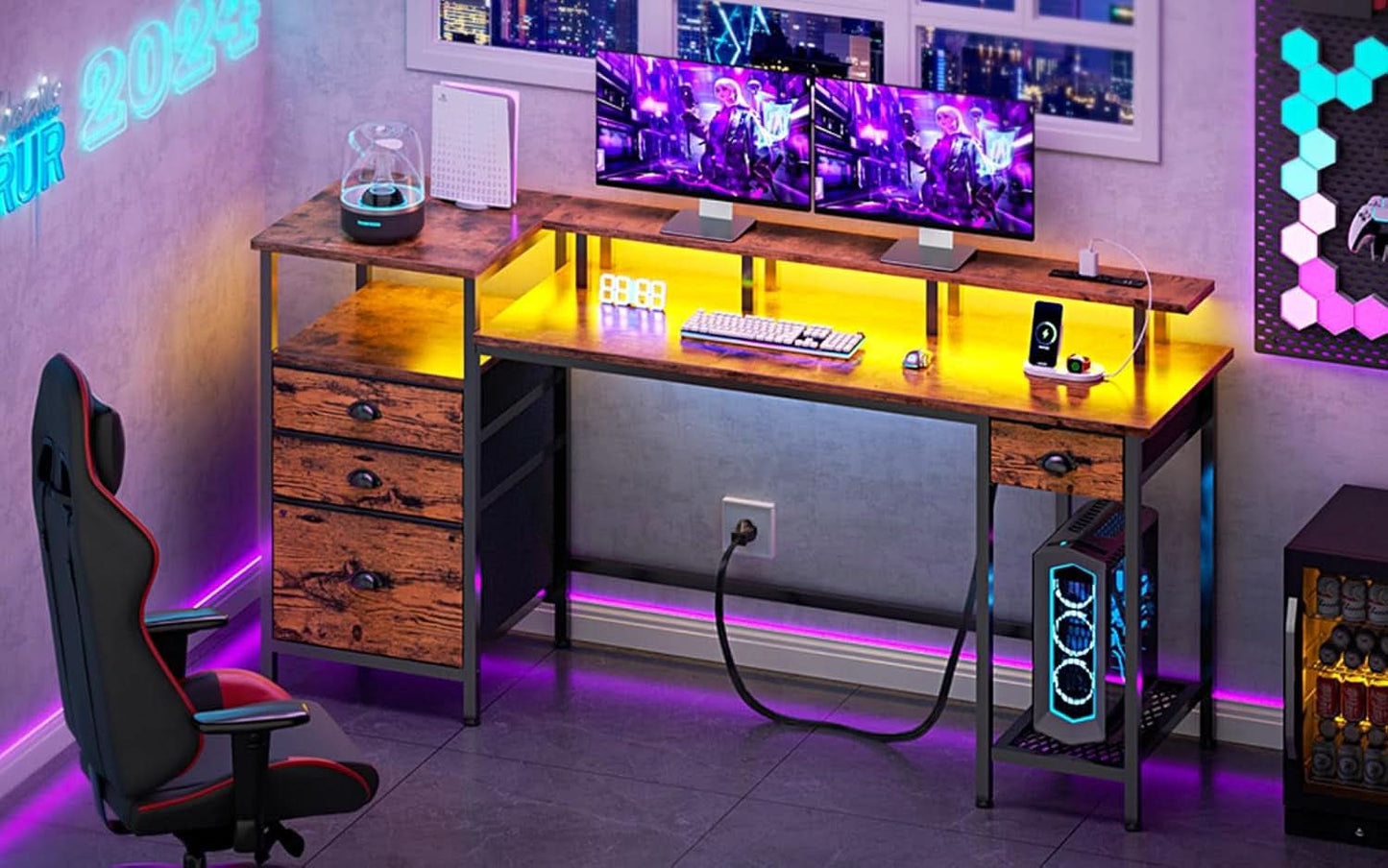 60 Inch Computer Desk With Storage Drawers And LED Lights
