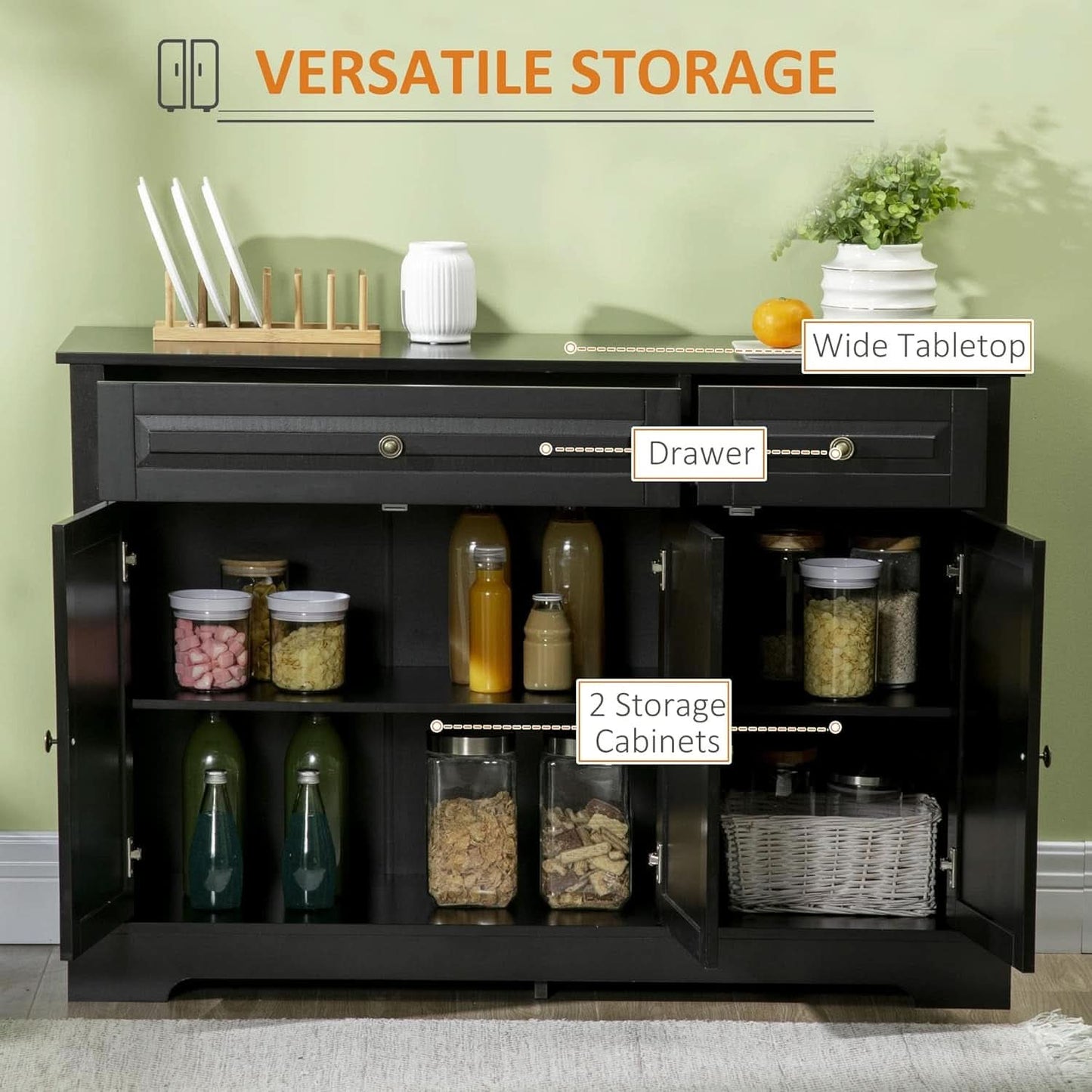 Black Buffet Cabinet With Drawers And Adjustable Shelves