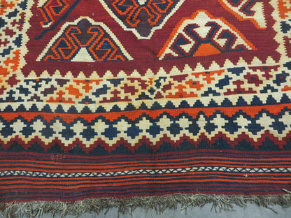 5' X 10' Antique Turkish Kilim Handmade Flat Weave Wool Rug Red Colorful Veg Dye Bohemian Boho Chic Tribal Style And Design