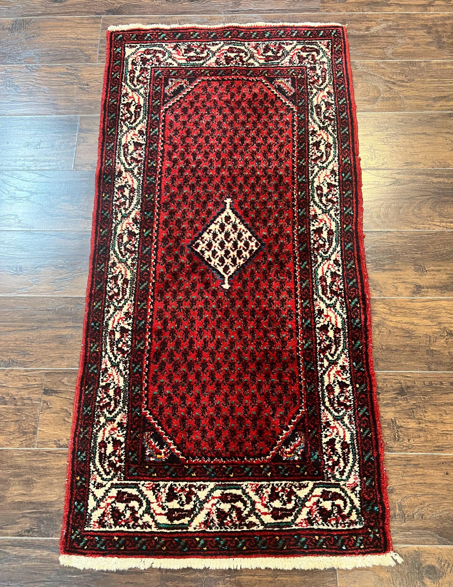 Persian Tribal Rug 2.6 x 5, Boteh Paisley Pattern, Red and Beige, Wool Hamadan Rug