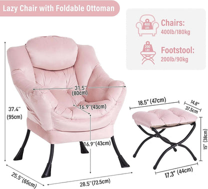 Pink Velvet Lounge Chair With Folding Footrest Ottoman