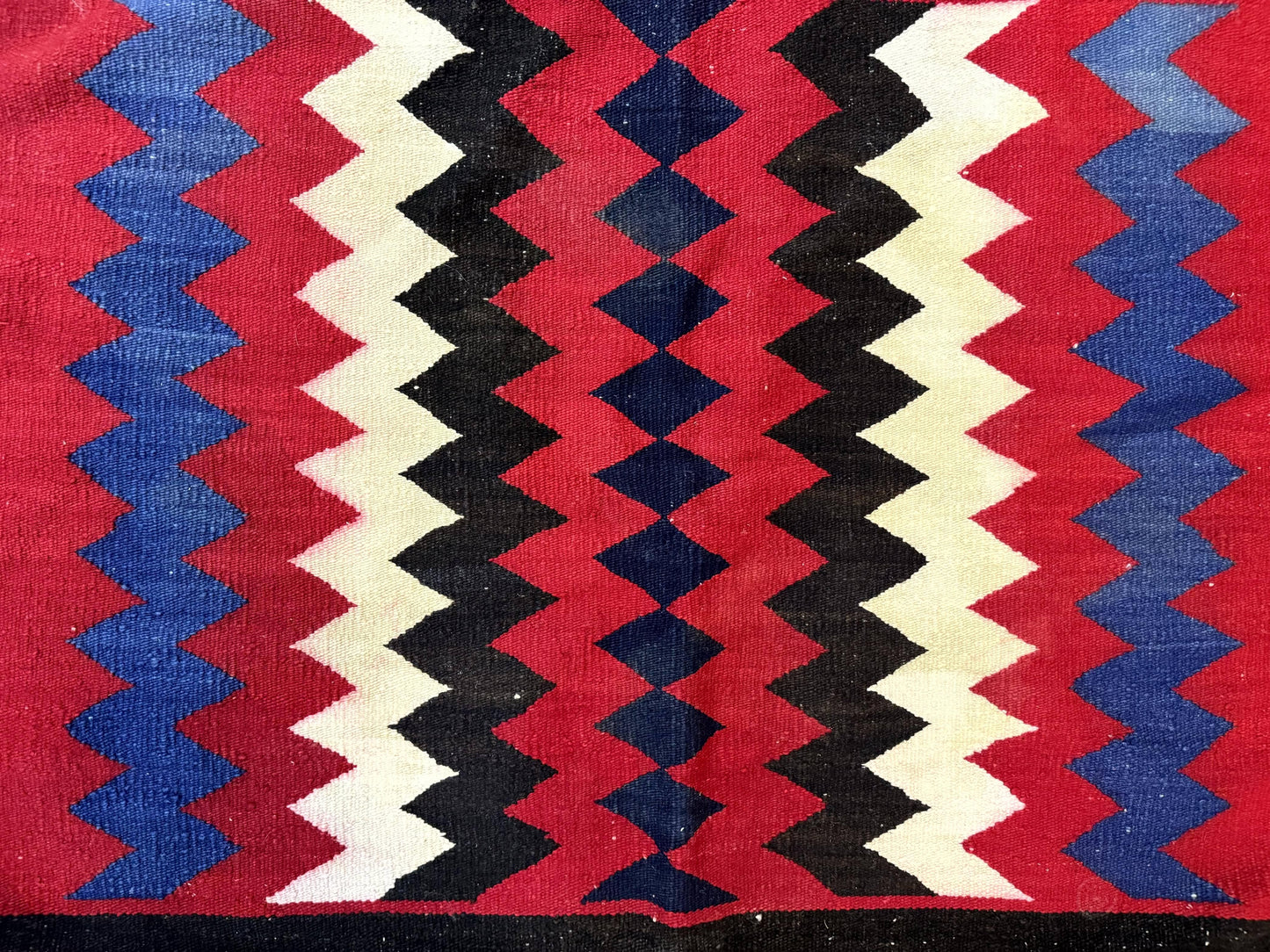 Antique Navajo Rug 3.7 x 2.8, Red Ivory Blue, Zig Zag Pattern, Handmade, Wool