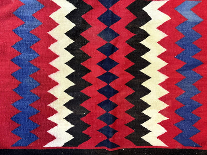 Antique Navajo Rug 3.7 x 2.8, Red Ivory Blue, Zig Zag Pattern, Handmade, Wool