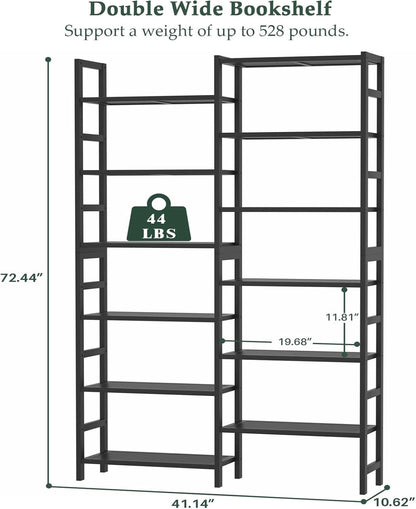 Double Wide Black Bookshelf Freestanding 6 Feet Tall