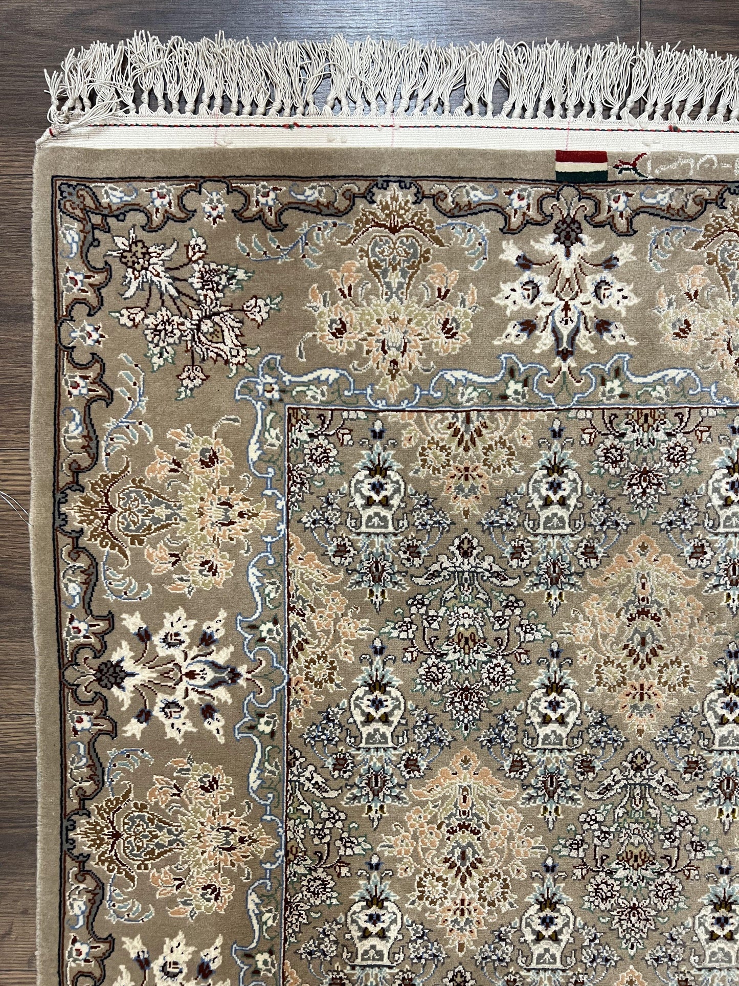 Super Fine Persian Isfahan Rug 3x5 ft, Kork Wool on Silk Foundation, Repeated Floral Motif, Taupe Tan Hand Knotted Oriental Carpet 3 x 5 ft, Signed