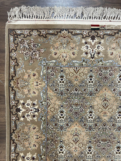 Super Fine Persian Isfahan Rug 3x5 ft, Kork Wool on Silk Foundation, Repeated Floral Motif, Taupe Tan Hand Knotted Oriental Carpet 3 x 5 ft, Signed