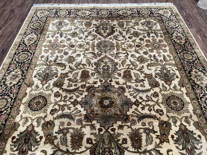 Indo Mahal Rug 6x9, Indian Floral Carpet 6 x 9, Beige and Black, Allover Design, Living Room Rug, Bedroom Rug, Traditional Rug, Vintage Rug