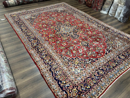 Persian Kashan Rug 9x12, Red Navy Blue, Allover Floral Medallion & Corner Design, Handmade Wool Oriental Carpet, Semi Antique Traditional Carpet