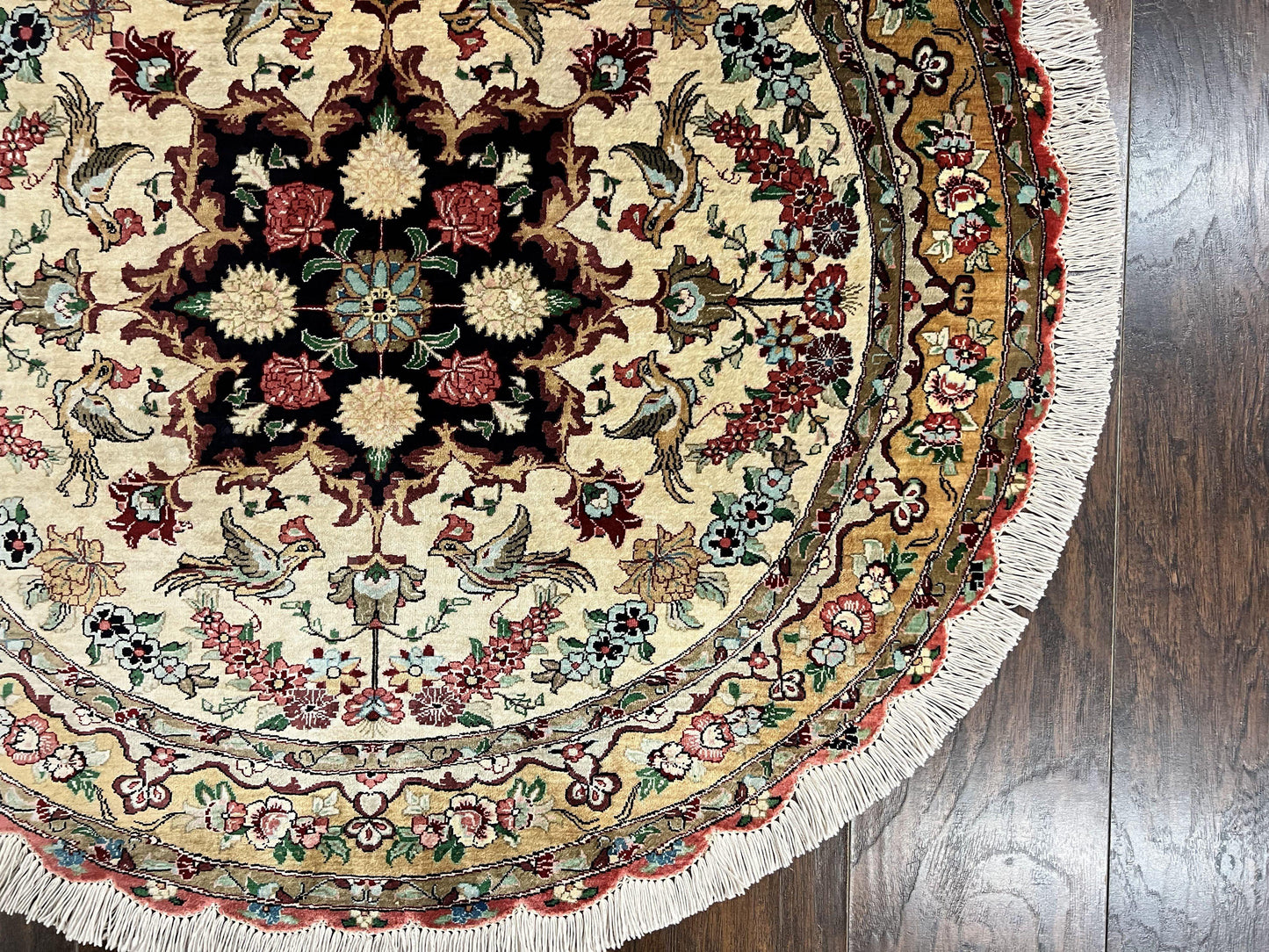 Silk Persian Tabriz Round Rug 3x3 ft, Very Fine Hand Knotted Carpet 380 KPSI, Cream & Gold, Bird Pictorials, Floral, Rare