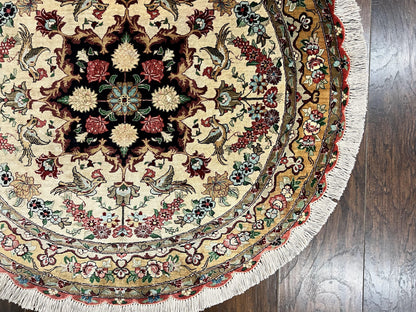 Silk Persian Tabriz Round Rug 3x3 ft, Very Fine Hand Knotted Carpet 380 KPSI, Cream & Gold, Bird Pictorials, Floral, Rare