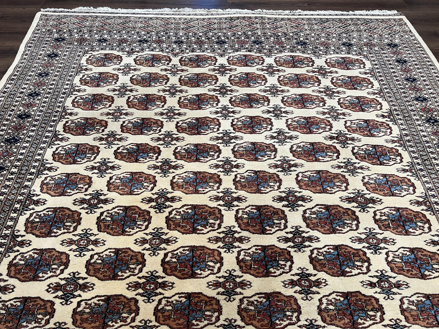 Pakistani Bokhara Rug 8x10, Traditional Turkoman Tribal Carpet, Allover Repeated Elephant Foot Motif, Ivory/Cream Black Red, Vintage Handmade