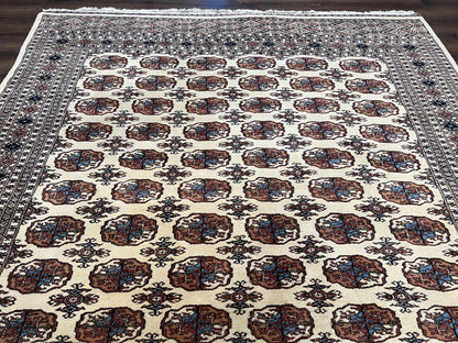 Pakistani Bokhara Rug 8x10, Traditional Turkoman Tribal Carpet, Allover Repeated Elephant Foot Motif, Ivory/Cream Black Red, Vintage Handmade