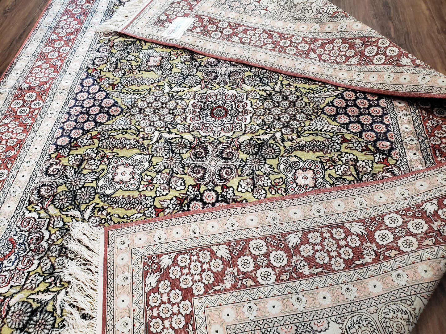 Vintage Silk Rug with Gold Threads, 5x8 Silk Oriental Carpet, Red Black Gold Hand-Knotted Fine Silk Real Gold Wire Threads Kashmiri Silk Rug