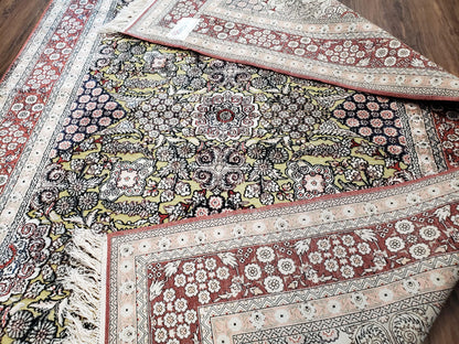 Vintage Silk Rug with Gold Threads, 5x8 Silk Oriental Carpet, Red Black Gold Hand-Knotted Fine Silk Real Gold Wire Threads Kashmiri Silk Rug