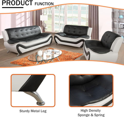 Living Room Faux Leather Sofa Set 3 Piece Black White