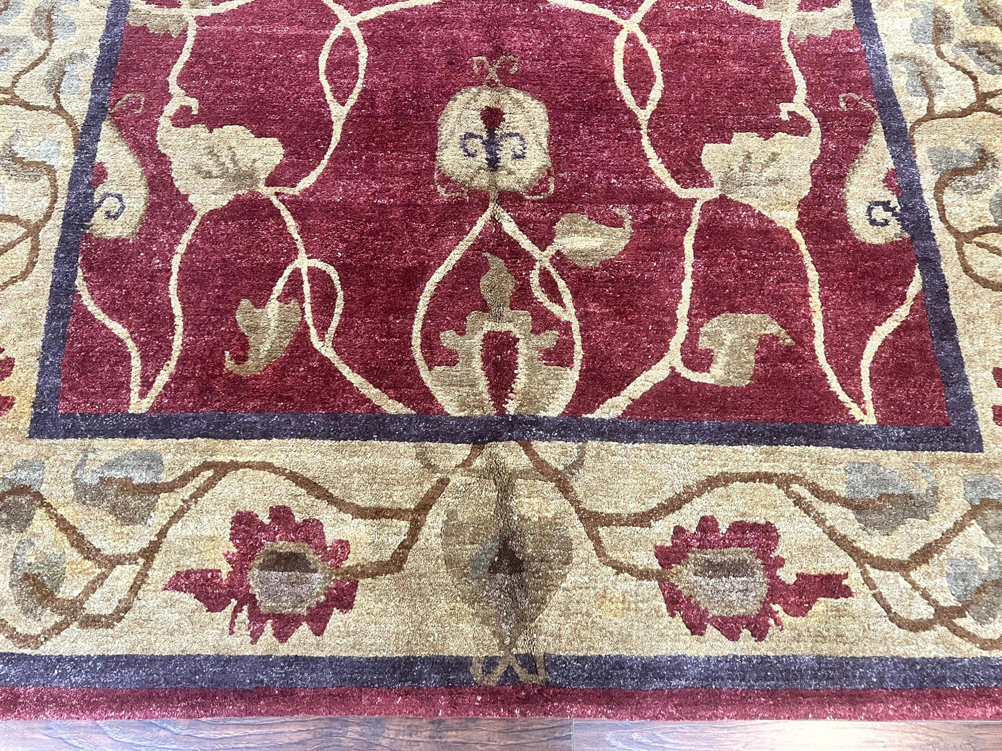 Tibetan Aubusson Rug 8x10, Maroon and Beige, Floral, Handmade, Wool, Vintage, Traditional Rug