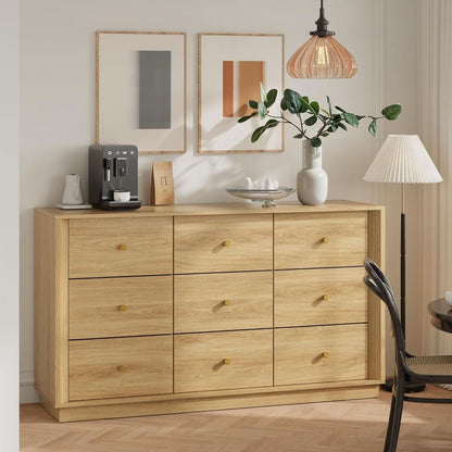 Nine Drawer Dresser 55 Inch Golden Oak UltraWoodgrain