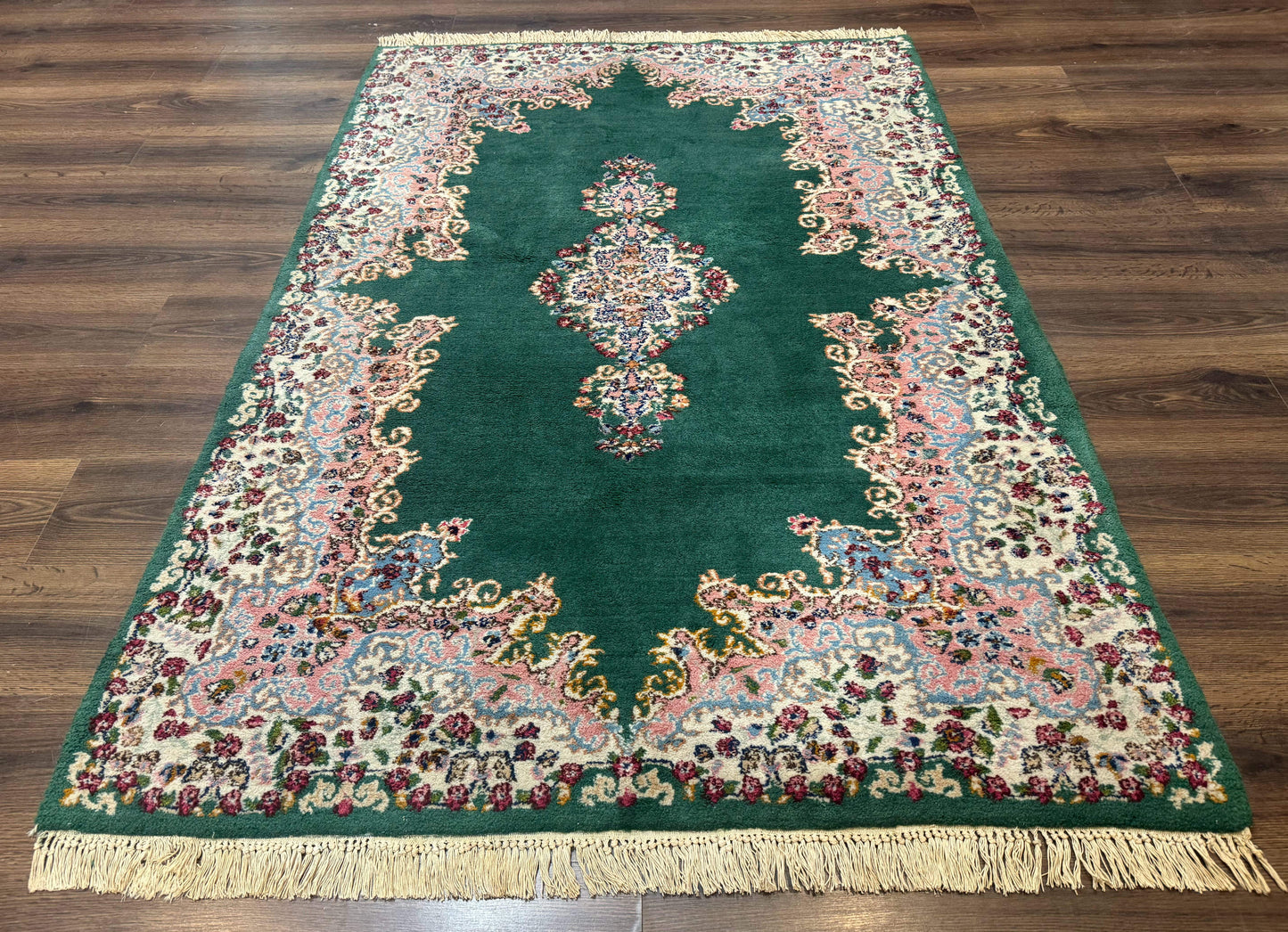 Persian Kerman Rug 4x6, Green Ivory Pink, Wool Vintage, Semi Open Field