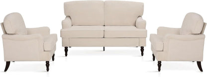 Three Piece Living Room Furniture Set With Linen Fabric Loveseat And Two Accent Chairs Off White