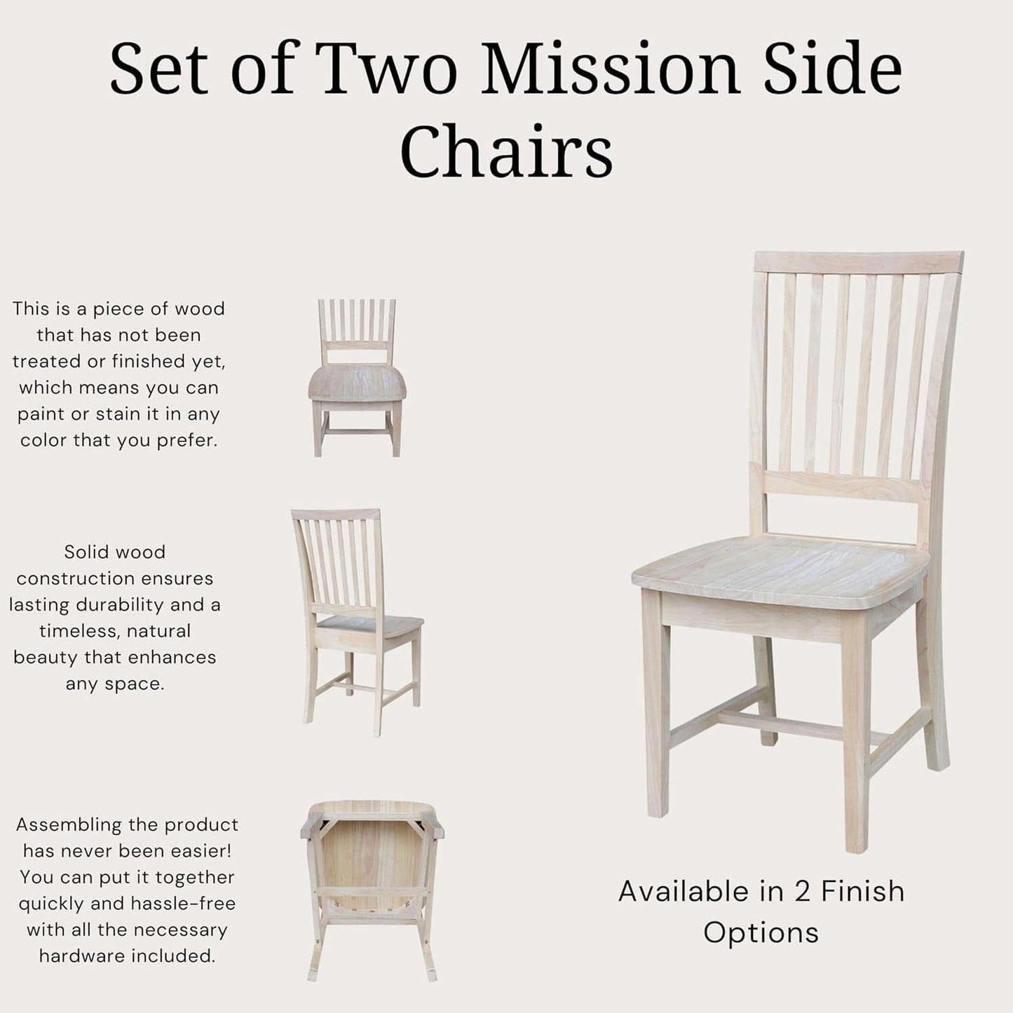 Mission Side Dining Chairs Set Of 2 Solid Parawood Unfinished 39.2 Inch Height