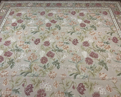 Aubusson Rug 9x12, Pink Beige Light Mauve, Handmade Allover Floral Roses, Wool Flatweave Carpet 9 x 12 ft, European French Design, Elegant