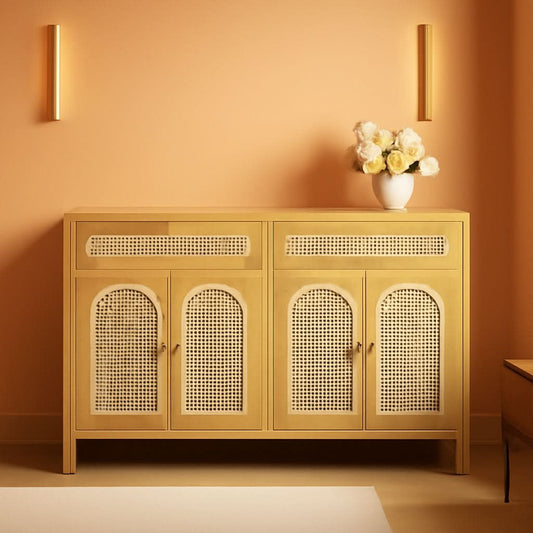 Two Piece Rattan Accent Sideboard Buffet Cabinet With Large Drawers 36 Inch High Natural Finish
