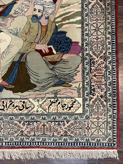 Vintage Persian Qum Pictorial Rug 5x7 - Wool & Silk