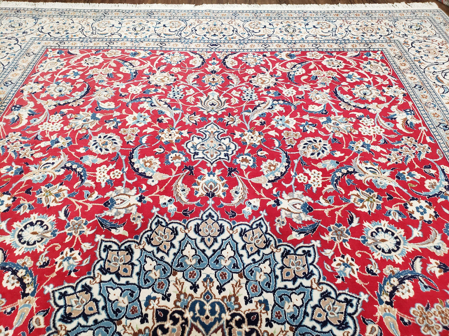 Persian Nain Rug 8x12, Red and Ivory, Signed