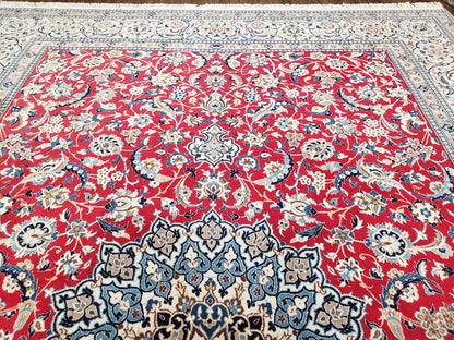 Persian Nain Rug 8x12, Red and Ivory, Signed