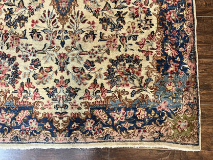 Antique Persian Kirman Rug 4x7, Cream and Navy Blue, Hand Knotted Wool Floral Carpet